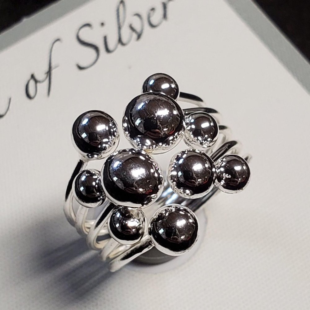 Silver-Plated Brass Ball Multi-Row Ring, Size 7